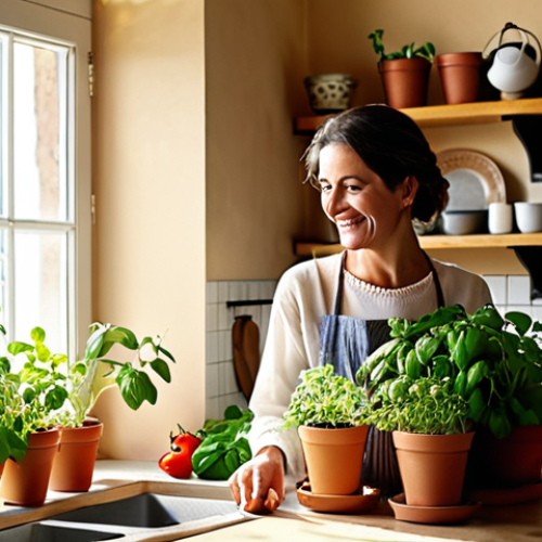 **

A brightly lit Italian kitchen. A woman is smiling as she tends to a small indoor herb garden on a windowsill. Sunlight streams in. Pots of basil, oregano, and small tomato plants are visible. A reusable shopping bag sits nearby. The overall feeling is one of domestic bliss and environmental awareness.

**