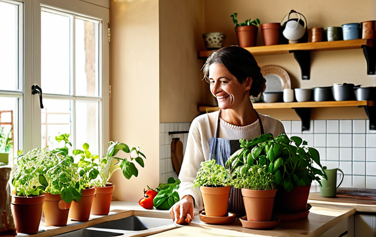 **

A brightly lit Italian kitchen. A woman is smiling as she tends to a small indoor herb garden on a windowsill. Sunlight streams in. Pots of basil, oregano, and small tomato plants are visible. A reusable shopping bag sits nearby. The overall feeling is one of domestic bliss and environmental awareness.

**