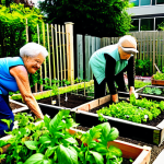 Home 9 A diverse group of individuals, including an elderly person, a young adult, and a child, are happily tending to plants in a vibrant community urban garden. They are fully clothed in modest, casual gardening attire. The garden features lush raised beds filled with various vegetables and herbs, trellises with climbing vines, and small paved pathways. In the background, modern city buildings rise, with a visible green rooftop garden on one of them, under clear daylight. The scene emphasizes community, connection with nature, and sustainable living. Safe for work, appropriate content, fully clothed, professional photography, high quality, perfect anatomy, correct proportions, natural pose, well-formed hands, proper finger count, natural body proportions, family-friendly.