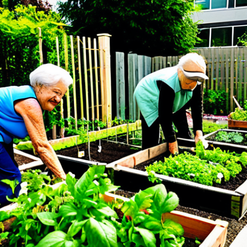 Home 19 A diverse group of individuals, including an elderly person, a young adult, and a child, are happily tending to plants in a vibrant community urban garden. They are fully clothed in modest, casual gardening attire. The garden features lush raised beds filled with various vegetables and herbs, trellises with climbing vines, and small paved pathways. In the background, modern city buildings rise, with a visible green rooftop garden on one of them, under clear daylight. The scene emphasizes community, connection with nature, and sustainable living. Safe for work, appropriate content, fully clothed, professional photography, high quality, perfect anatomy, correct proportions, natural pose, well-formed hands, proper finger count, natural body proportions, family-friendly.