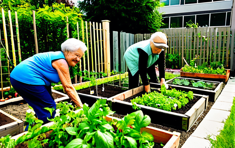 A diverse group of individuals, including an elderly person, a young adult, and a child, are happily tending to plants in a vibrant community urban garden. They are fully clothed in modest, casual gardening attire. The garden features lush raised beds filled with various vegetables and herbs, trellises with climbing vines, and small paved pathways. In the background, modern city buildings rise, with a visible green rooftop garden on one of them, under clear daylight. The scene emphasizes community, connection with nature, and sustainable living. Safe for work, appropriate content, fully clothed, professional photography, high quality, perfect anatomy, correct proportions, natural pose, well-formed hands, proper finger count, natural body proportions, family-friendly.
