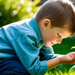 Home 8 A curious child, approximately 8 years old, fully clothed in modest, durable outdoor wear, kneels gently in a sunlit community garden. The child's well-formed hands are slightly extended towards a small plant, intently observing a ladybug on a green leaf. The background features lush, vibrant garden plants with soft, natural lighting and a gentle bokeh effect. Professional photography, high detail, sharp focus on the child and insect, safe for work, appropriate content, fully clothed, family-friendly, perfect anatomy, correct proportions, natural pose, proper finger count, natural body proportions.