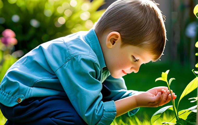 A curious child, approximately 8 years old, fully clothed in modest, durable outdoor wear, kneels gently in a sunlit community garden. The child's well-formed hands are slightly extended towards a small plant, intently observing a ladybug on a green leaf. The background features lush, vibrant garden plants with soft, natural lighting and a gentle bokeh effect. Professional photography, high detail, sharp focus on the child and insect, safe for work, appropriate content, fully clothed, family-friendly, perfect anatomy, correct proportions, natural pose, proper finger count, natural body proportions.