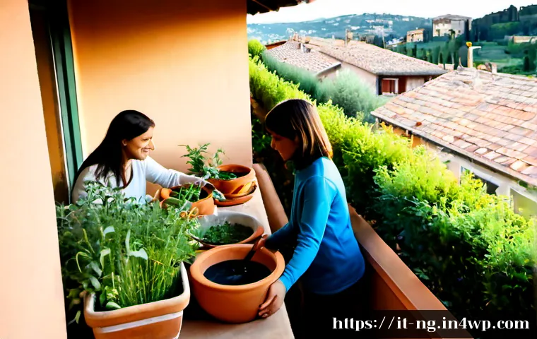 Home 10 가정에서 할 수 있는 생태계 보호 챌린지 - Photorealistic Italian apartment balcony transformed into a small urban wildlife refuge, an adult an...