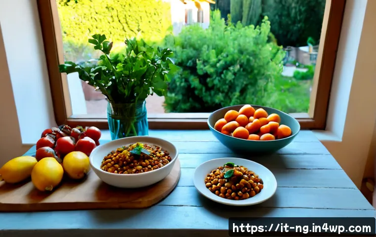 Home 13 식물 기반 식단이 환경에 미치는 영향 - Photorealistic Italian Mediterranean kitchen table with a vibrant plant-based meal of lentil stew, s...