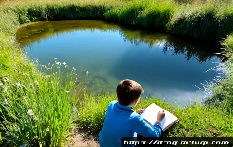 자연 관찰을 통한 생태계 이해 증진하기 - Photorealistic Italian primary school students and their teacher quietly observing a small pond in a...