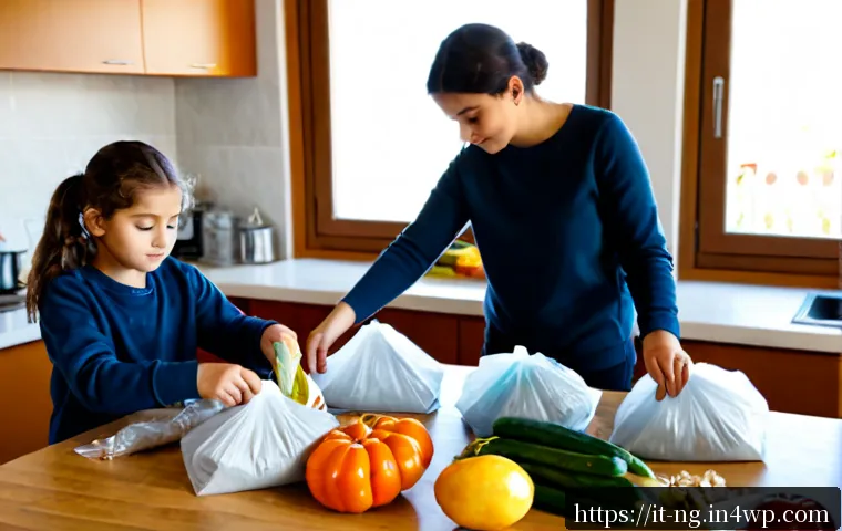 기후 변화에 대응하는 가정의 역할 - Photorealistic Italian family in a bright apartment kitchen sorting glass, paper, metal, and food sc...